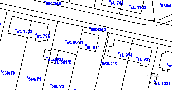 Parcela st. 834 v KÚ Podklášteří, Katastrální mapa