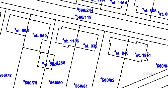 Parcela st. 839 v KÚ Podklášteří, Katastrální mapa