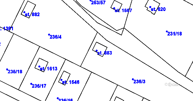 Parcela st. 883 v KÚ Podklášteří, Katastrální mapa