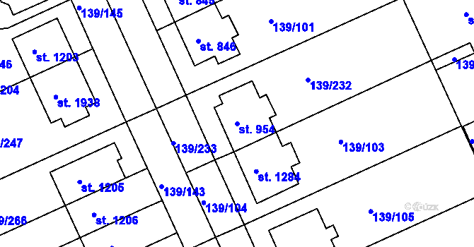 Parcela st. 954 v KÚ Podklášteří, Katastrální mapa