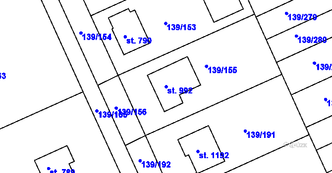 Parcela st. 992 v KÚ Podklášteří, Katastrální mapa