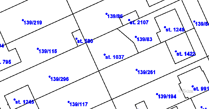 Parcela st. 1037 v KÚ Podklášteří, Katastrální mapa