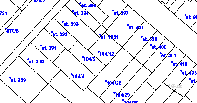 Parcela st. 104/12 v KÚ Podklášteří, Katastrální mapa