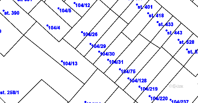 Parcela st. 104/30 v KÚ Podklášteří, Katastrální mapa