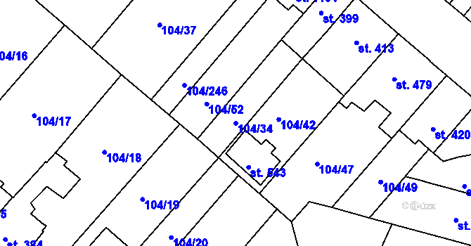 Parcela st. 104/34 v KÚ Podklášteří, Katastrální mapa