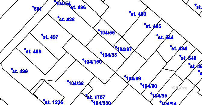 Parcela st. 104/53 v KÚ Podklášteří, Katastrální mapa