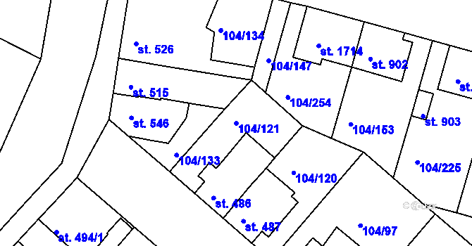 Parcela st. 104/121 v KÚ Podklášteří, Katastrální mapa