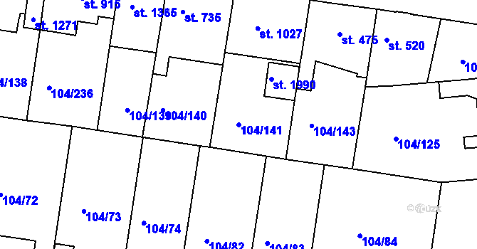 Parcela st. 104/141 v KÚ Podklášteří, Katastrální mapa