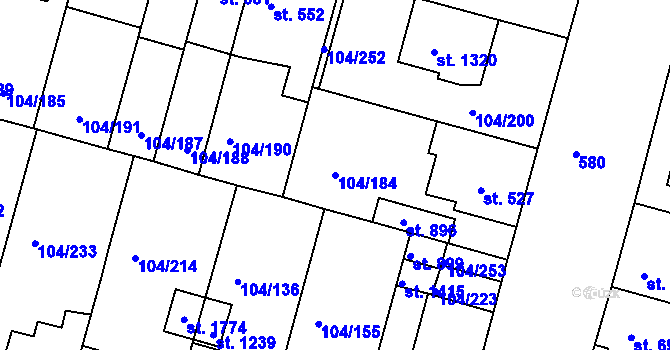Parcela st. 104/184 v KÚ Podklášteří, Katastrální mapa
