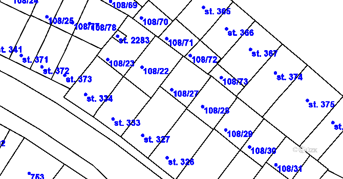 Parcela st. 108/27 v KÚ Podklášteří, Katastrální mapa