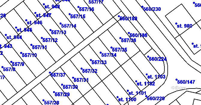 Parcela st. 557/34 v KÚ Podklášteří, Katastrální mapa