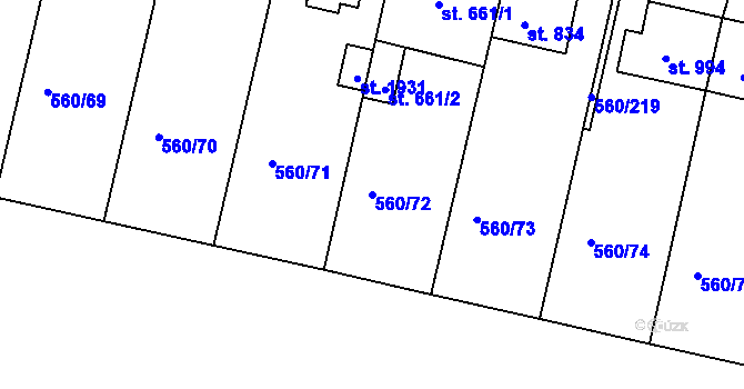 Parcela st. 560/72 v KÚ Podklášteří, Katastrální mapa