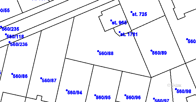 Parcela st. 560/88 v KÚ Podklášteří, Katastrální mapa