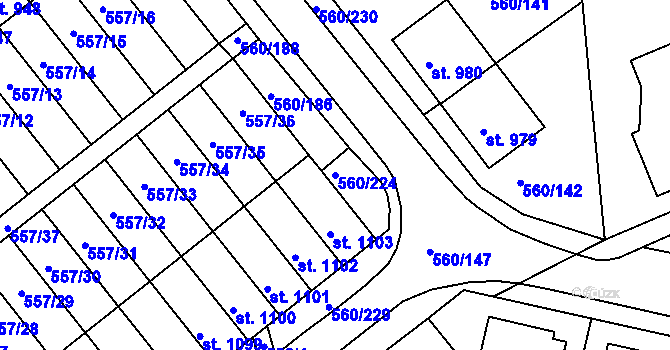 Parcela st. 560/224 v KÚ Podklášteří, Katastrální mapa
