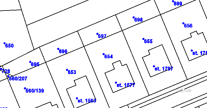 Parcela st. 654 v KÚ Podklášteří, Katastrální mapa