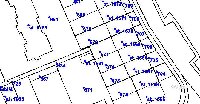 Parcela st. 677 v KÚ Podklášteří, Katastrální mapa