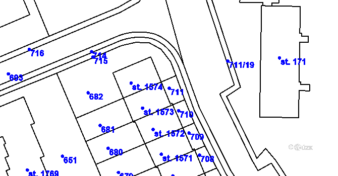Parcela st. 711 v KÚ Podklášteří, Katastrální mapa