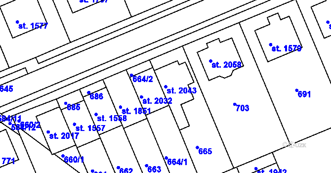 Parcela st. 2043 v KÚ Podklášteří, Katastrální mapa