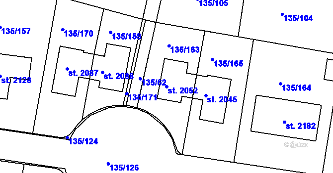 Parcela st. 2052 v KÚ Podklášteří, Katastrální mapa