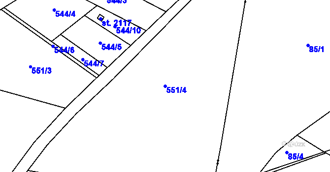 Parcela st. 551/4 v KÚ Podklášteří, Katastrální mapa