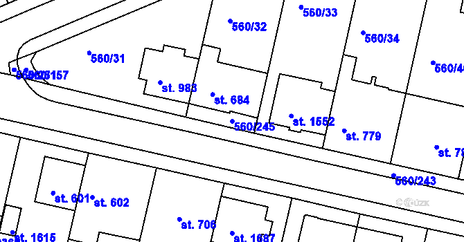 Parcela st. 560/245 v KÚ Podklášteří, Katastrální mapa