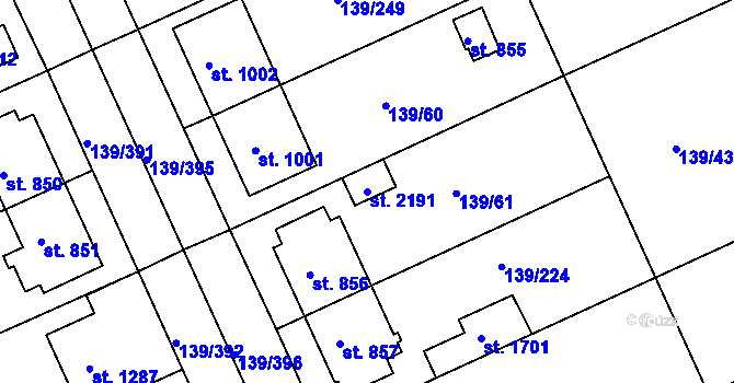 Parcela st. 2191 v KÚ Podklášteří, Katastrální mapa