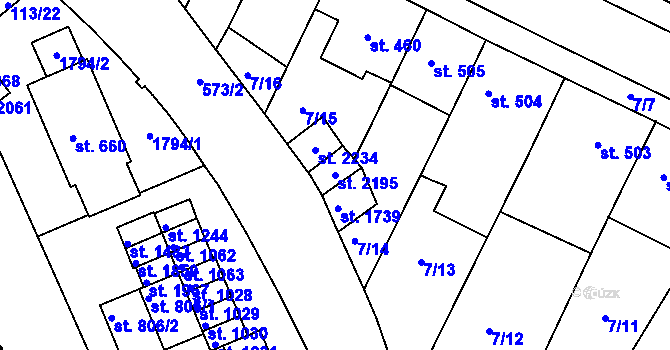 Parcela st. 2195 v KÚ Podklášteří, Katastrální mapa