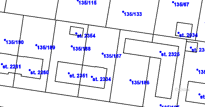 Parcela st. 135/187 v KÚ Podklášteří, Katastrální mapa