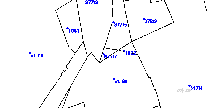 Parcela st. 977/7 v KÚ Saky, Katastrální mapa