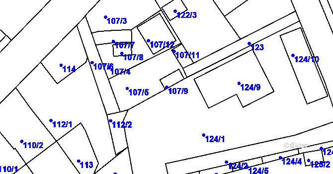 Parcela st. 107/9 v KÚ Třeboň, Katastrální mapa