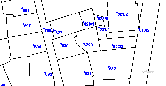 Parcela st. 629/1 v KÚ Třeboň, Katastrální mapa