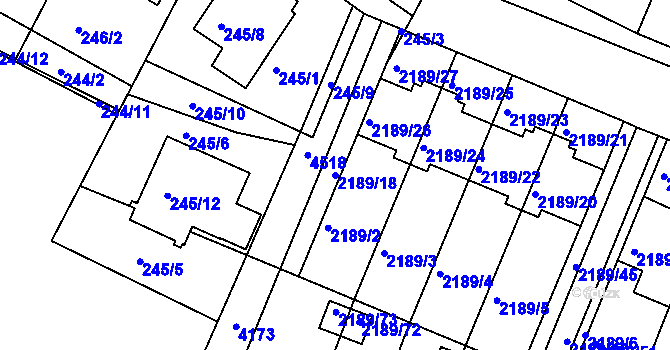Parcela st. 2189/18 v KÚ Třeboň, Katastrální mapa