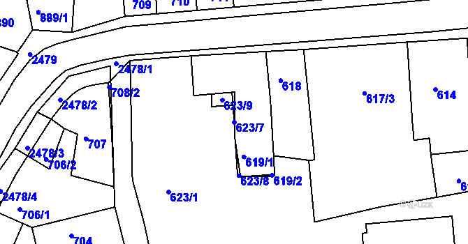 Parcela st. 623/7 v KÚ Třeboň, Katastrální mapa