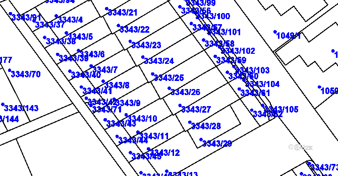 Parcela st. 3343/26 v KÚ Třešť, Katastrální mapa