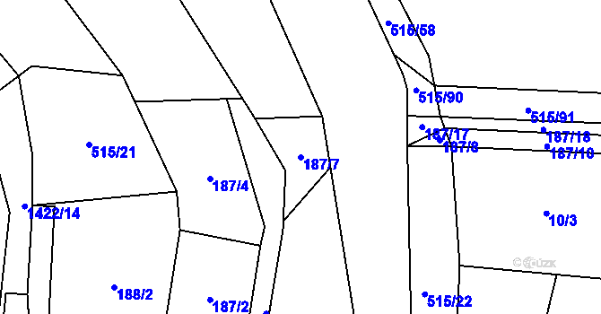 Parcela st. 187/7 v KÚ Třeštice, Katastrální mapa