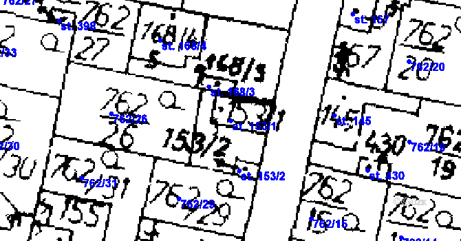 Parcela st. 153/1 v KÚ Tři Dvory, Katastrální mapa