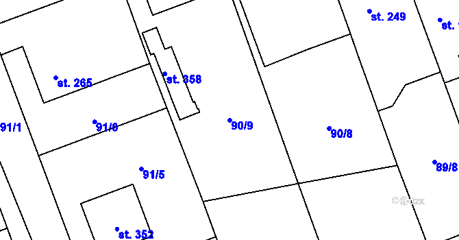 Parcela st. 90/9 v KÚ Tři Dvory, Katastrální mapa