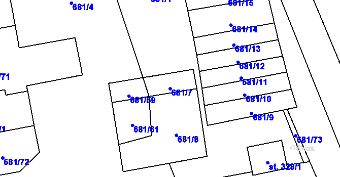 Parcela st. 681/7 v KÚ Tři Dvory, Katastrální mapa