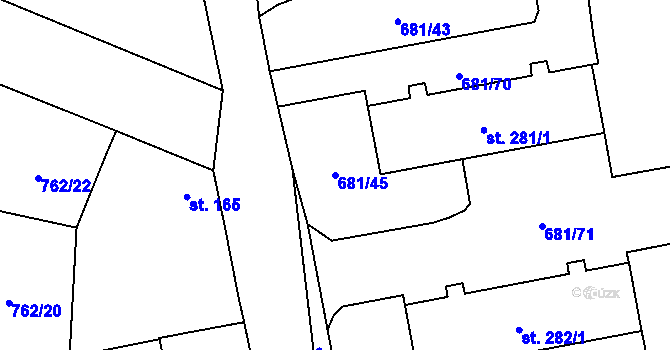 Parcela st. 681/45 v KÚ Tři Dvory, Katastrální mapa