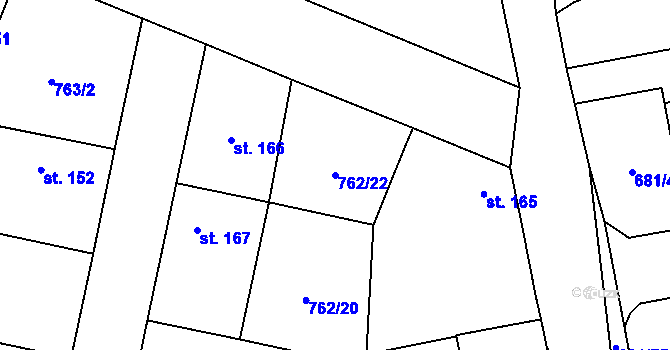 Parcela st. 762/22 v KÚ Tři Dvory, Katastrální mapa