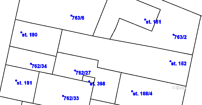 Parcela st. 762/28 v KÚ Tři Dvory, Katastrální mapa