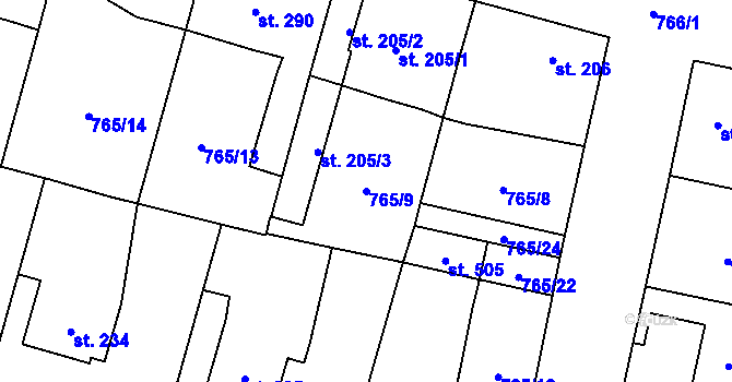 Parcela st. 765/9 v KÚ Tři Dvory, Katastrální mapa