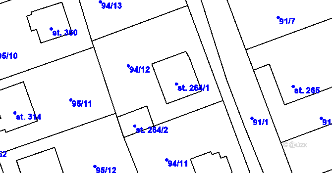 Parcela st. 264/1 v KÚ Tři Dvory, Katastrální mapa