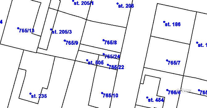 Parcela st. 765/24 v KÚ Tři Dvory, Katastrální mapa