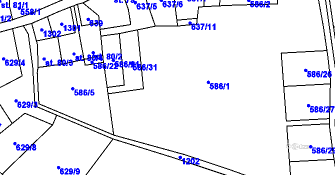 Parcela st. 586/1 v KÚ Chodovská Huť, Katastrální mapa