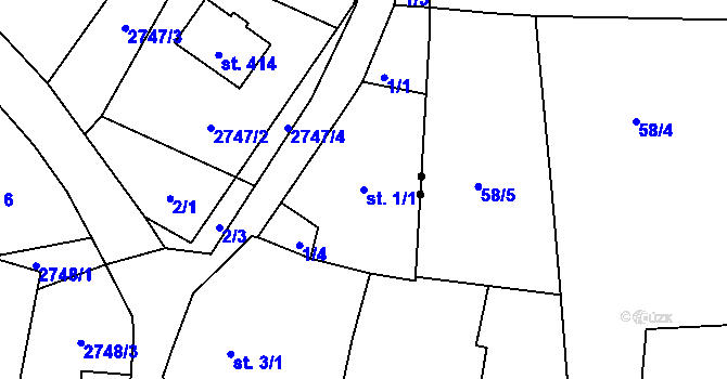 Parcela st. 1/1 v KÚ Tři Sekery u Tachova, Katastrální mapa