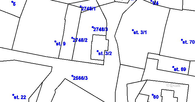 Parcela st. 3/2 v KÚ Tři Sekery u Tachova, Katastrální mapa