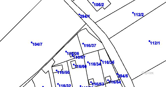 Parcela st. 116/37 v KÚ Lyžbice, Katastrální mapa