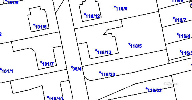 Parcela st. 118/13 v KÚ Lyžbice, Katastrální mapa
