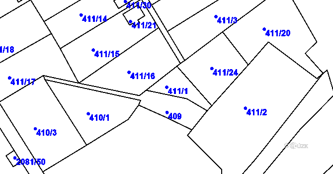 Parcela st. 411/1 v KÚ Lyžbice, Katastrální mapa